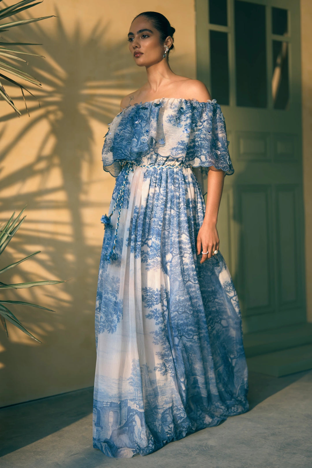 Porto Indigo Illusion Off-Shoulder Maxi Dress