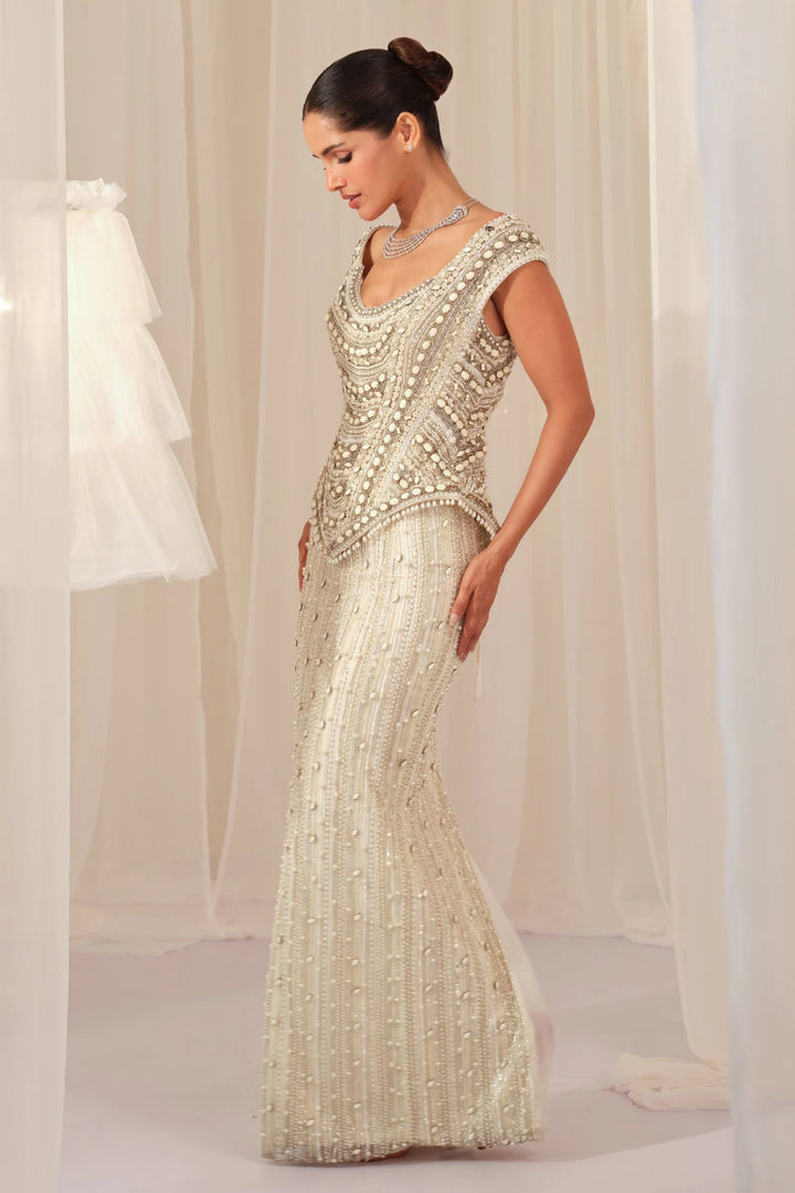 White Stone Crystal Corset with Beaded Pencil Skirt