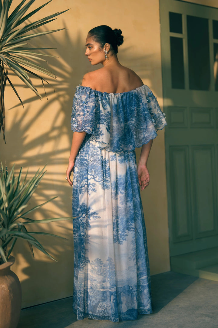 Porto Indigo Illusion Off-Shoulder Maxi Dress