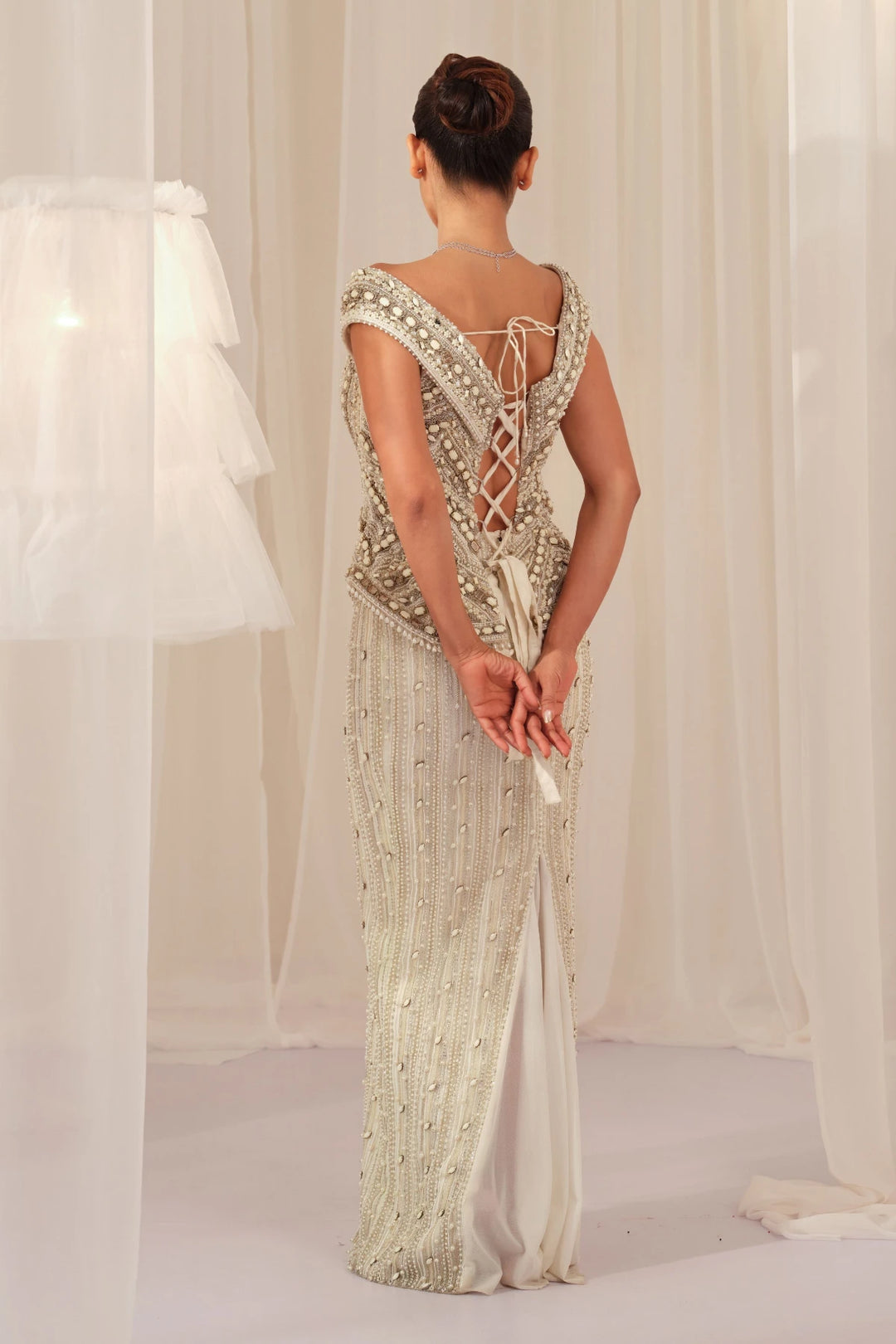 White Stone Crystal Corset with Beaded Pencil Skirt