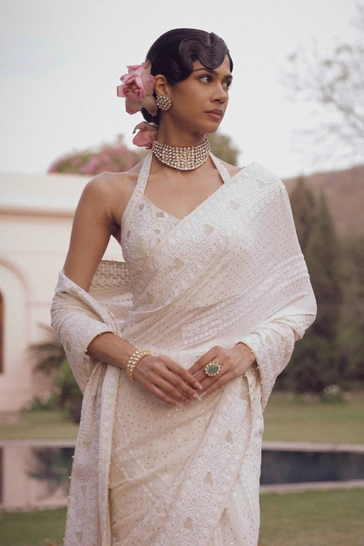 Dyeable White Pure & Premium Chikankari & Mukaish Saree & Blouse