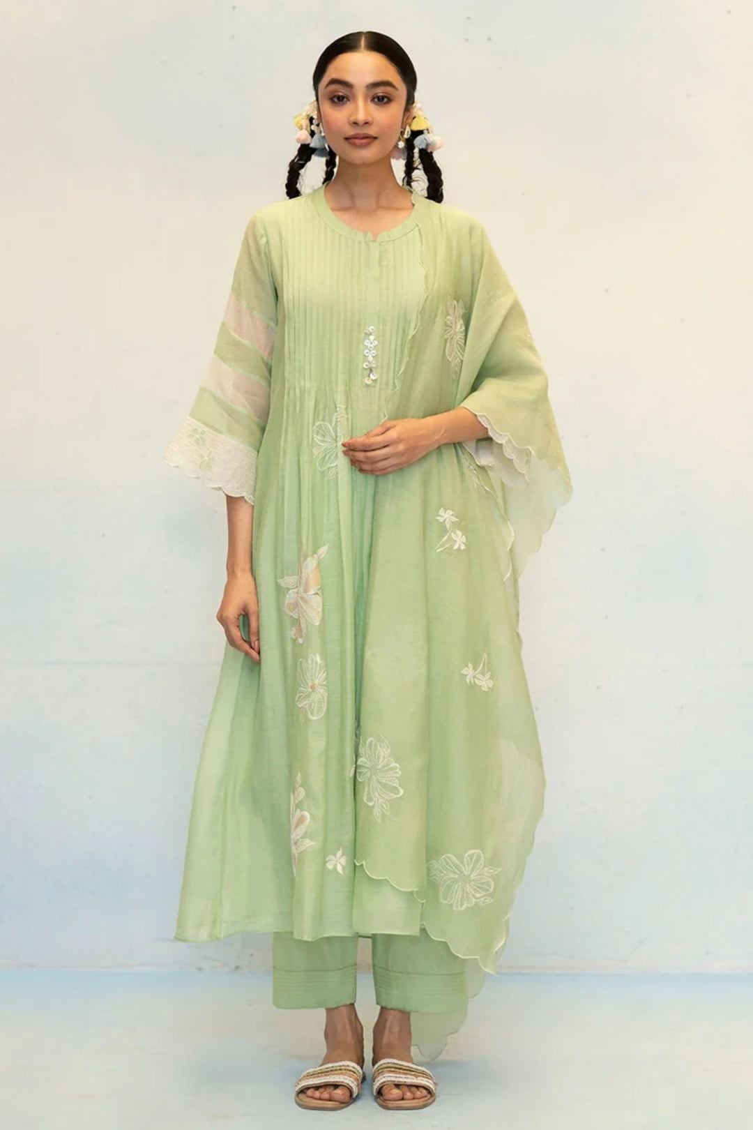 Zara Mul Chanderi Tunic Set in Sage Green