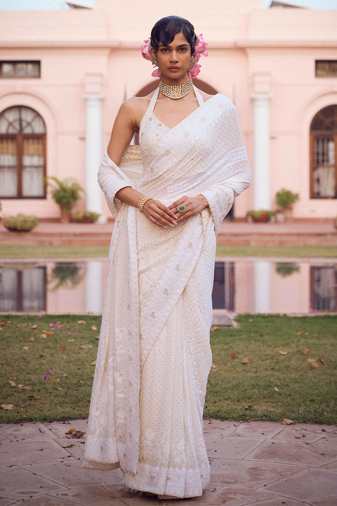 Dyeable White Pure & Premium Chikankari & Mukaish Saree & Blouse
