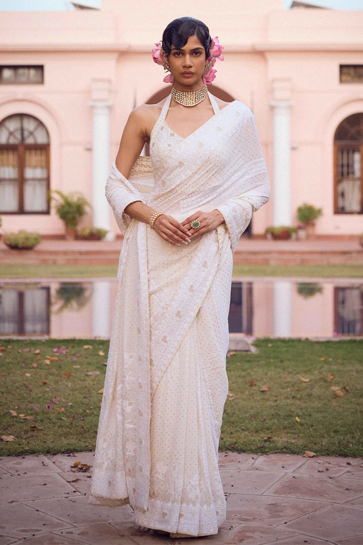 Dyeable White Pure & Premium Chikankari & Mukaish Saree & Blouse