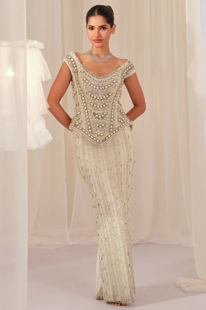 White Stone Crystal Corset with Beaded Pencil Skirt