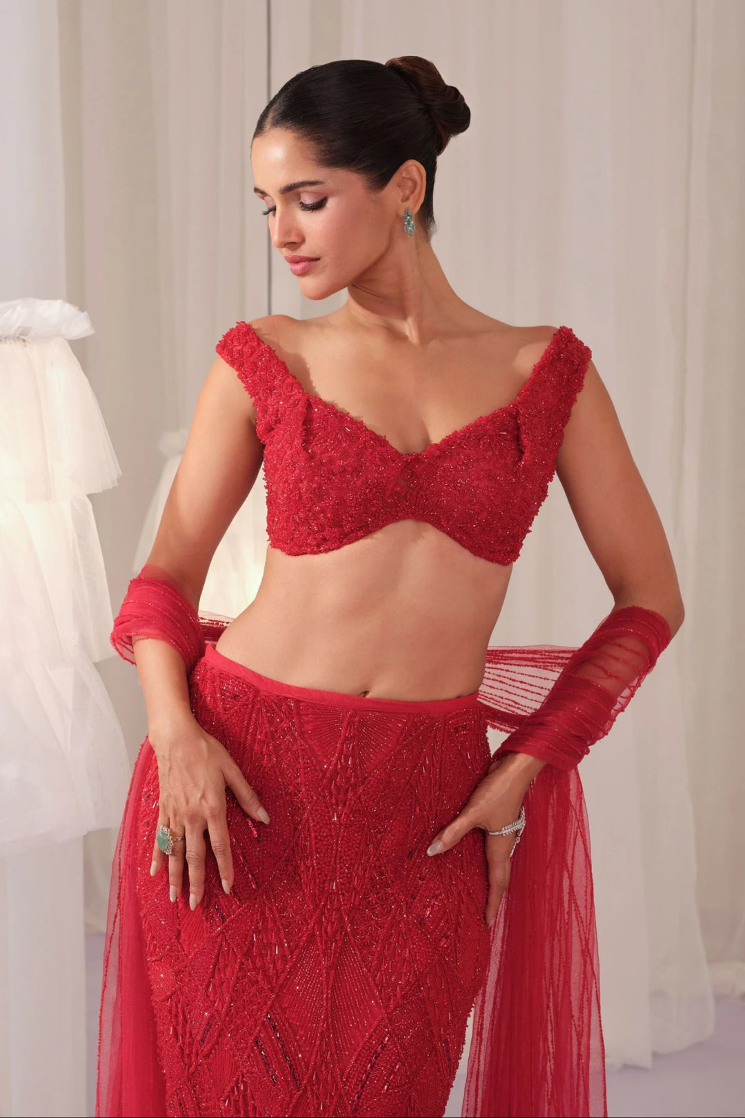Ruby Pencil Skirt With Blouse & Dupatta