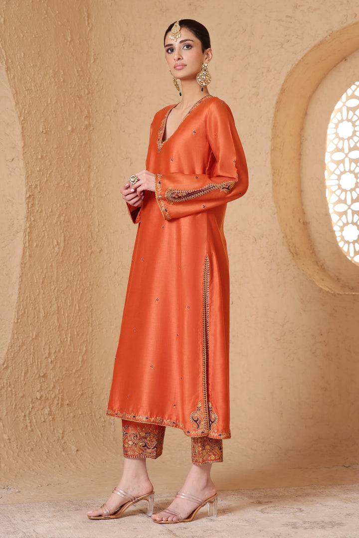 Mehrang Orange Applique Kurta Set