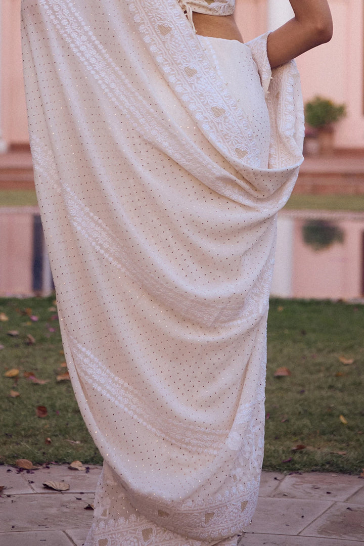 Dyeable White Pure & Premium Chikankari & Mukaish Saree & Blouse