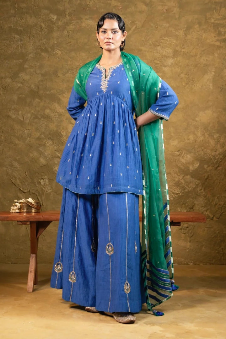 Electric Blue High Slit Sharara Set