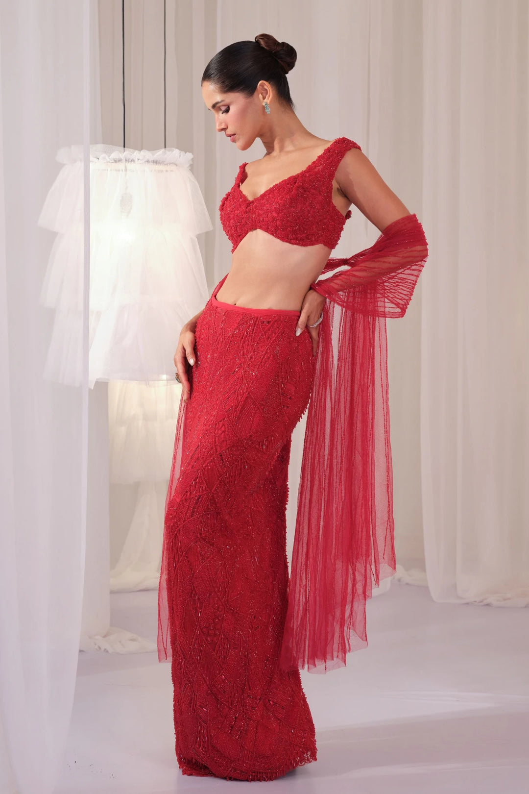 Ruby Pencil Skirt With Blouse & Dupatta