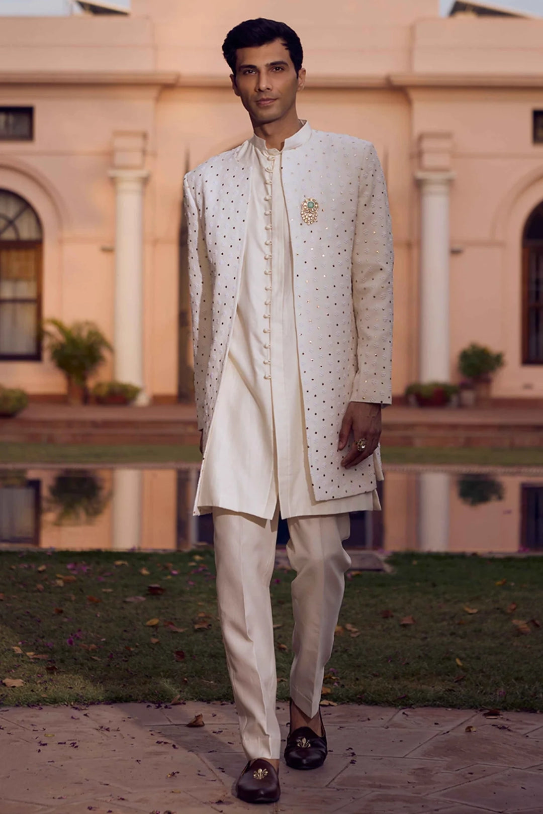 Ivory Pure & Premium Georgette Chikankari & Mukaish Indo Western Sherwani