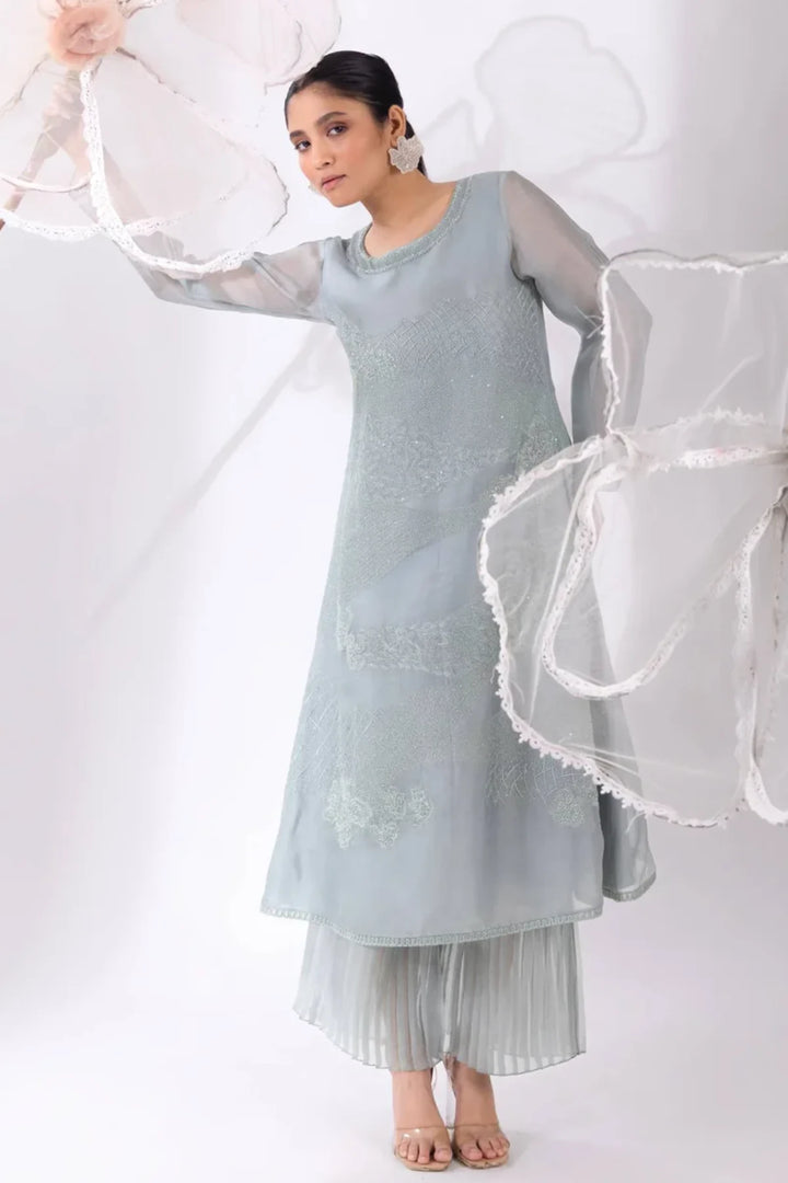 Blue A-line Organza Kurta With Pant