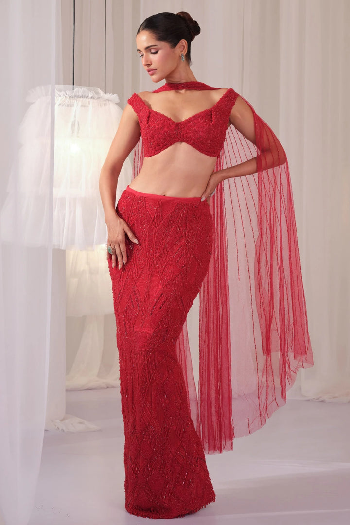Ruby Pencil Skirt With Blouse & Dupatta