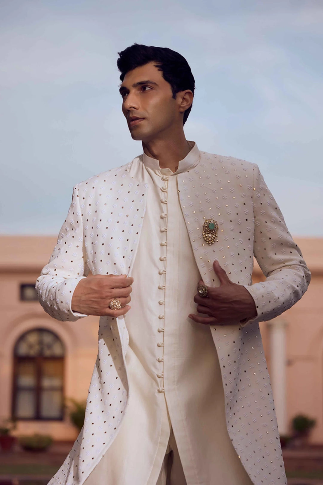 Ivory Pure & Premium Georgette Chikankari & Mukaish Indo Western Sherwani