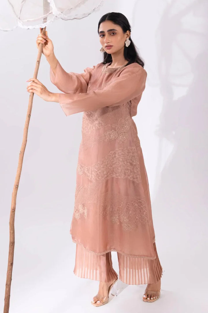 Brown A-line Organza Kurta With Pant