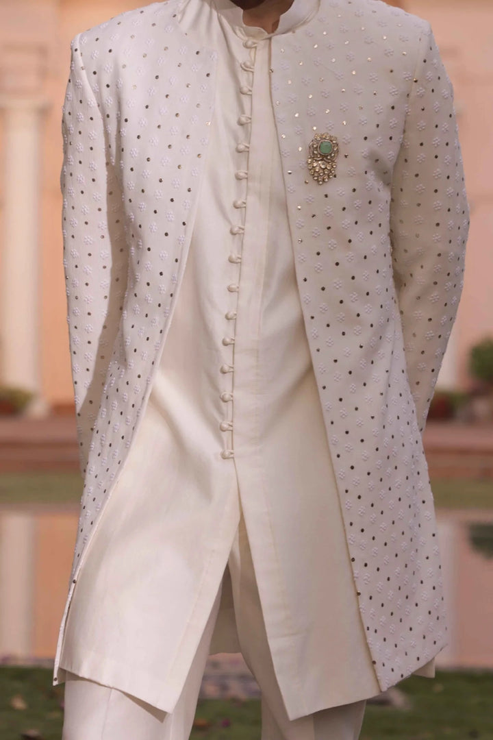 Ivory Pure & Premium Georgette Chikankari & Mukaish Indo Western Sherwani