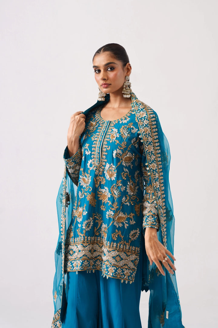 Zaar Bagh - Sharara Set - Teal Blue