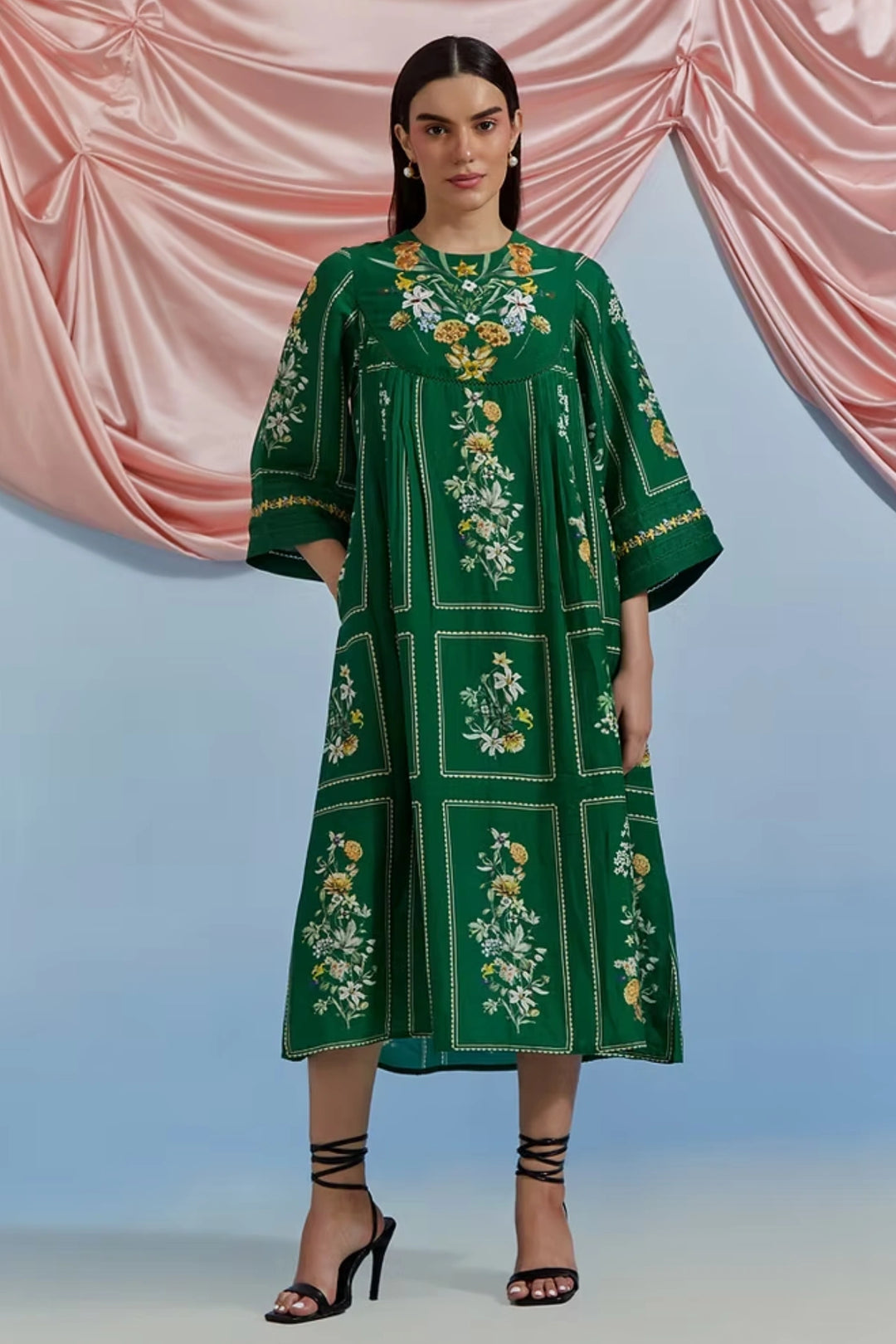 Bouquet Pleated Kurta - Forest Green