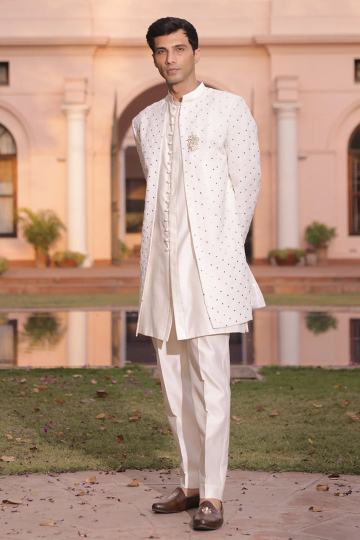 Ivory Pure & Premium Georgette Chikankari & Mukaish Indo Western Sherwani