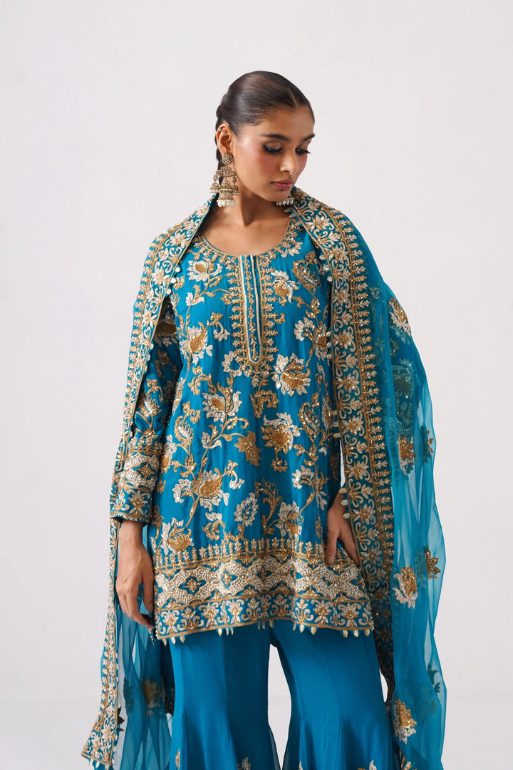 Zaar Bagh - Sharara Set - Teal Blue