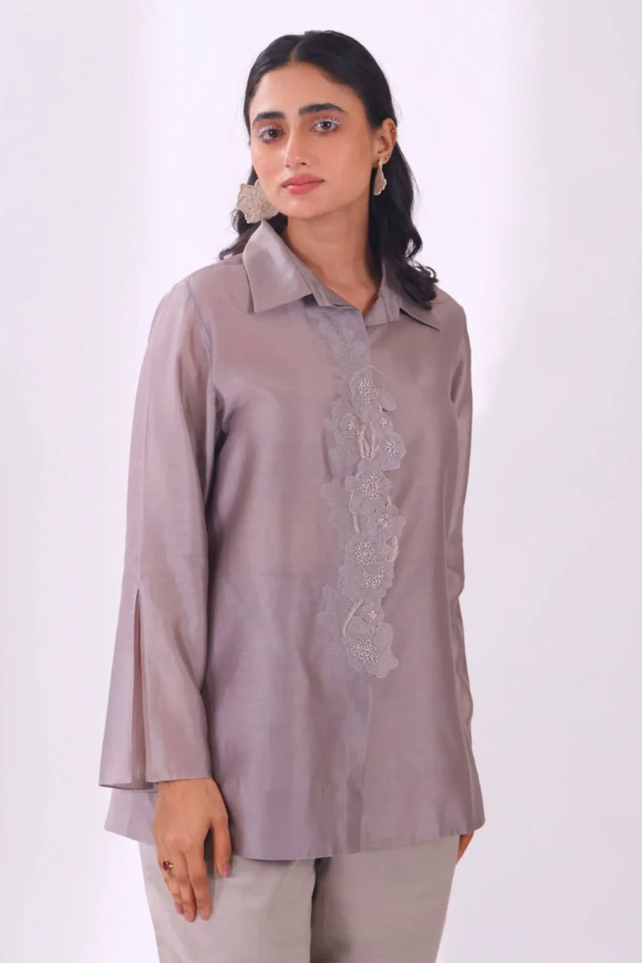 Grey Front Placket Chanderi Shirt