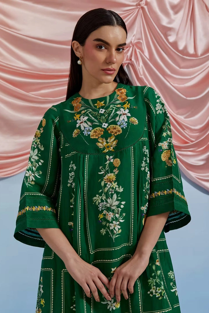Bouquet Pleated Kurta - Forest Green
