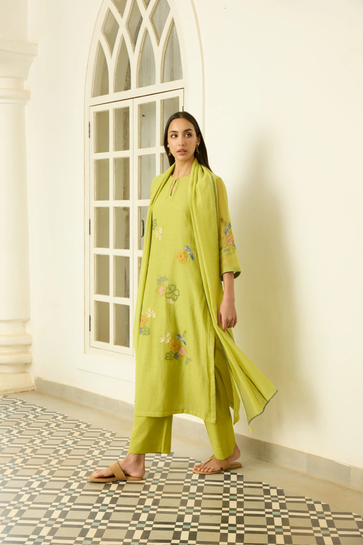 Lime Applique Floral Kurta Set
