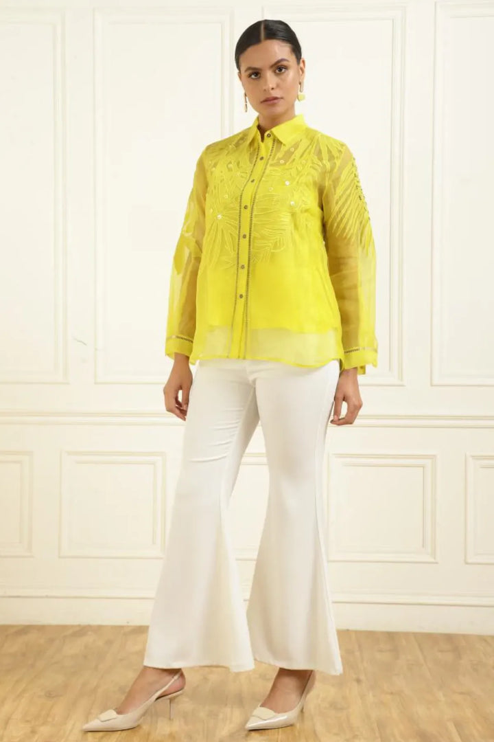 Women’s Sheer Organza Front Open Collar green Shirt