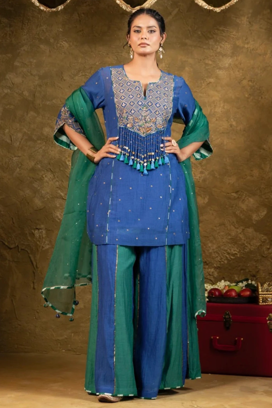 Antique Chowkadi Sharara Set - Blue + Green