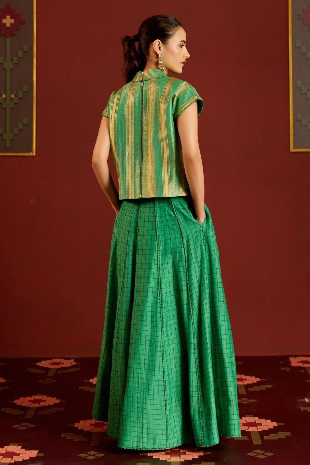 Green Zari Kota Crop Top + Skirt