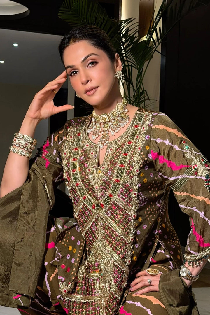 Isha Koppikar in Olive Aline Farshi Set