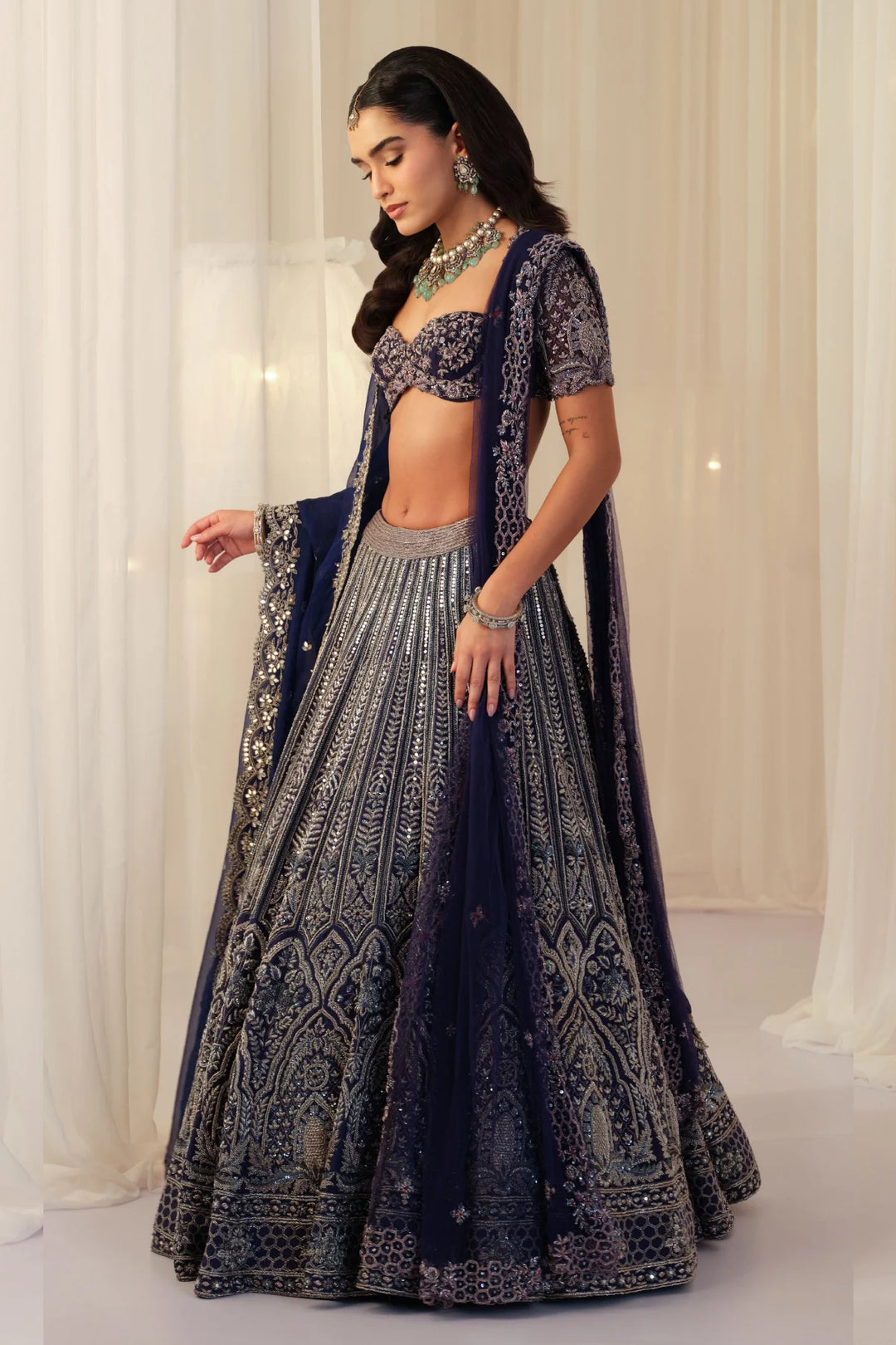 Indigo Hand Embellished Blouse With Raw Silk Lehenga & Dupatta