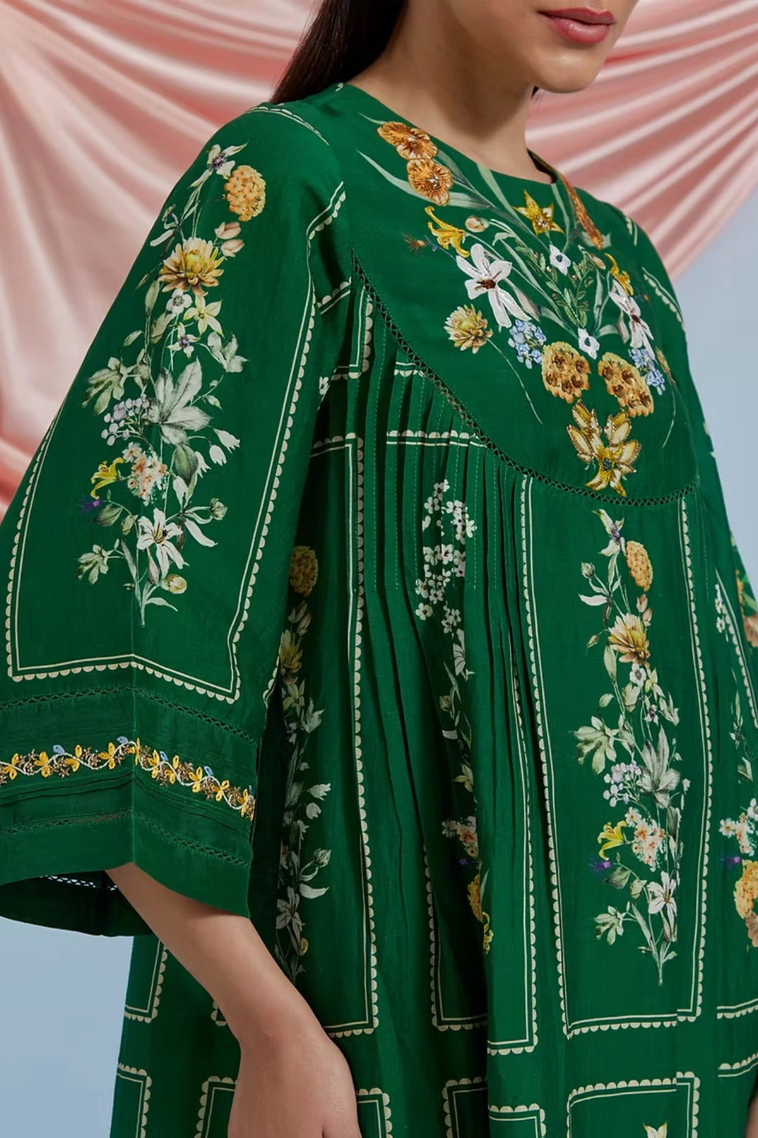 Bouquet Pleated Kurta - Forest Green