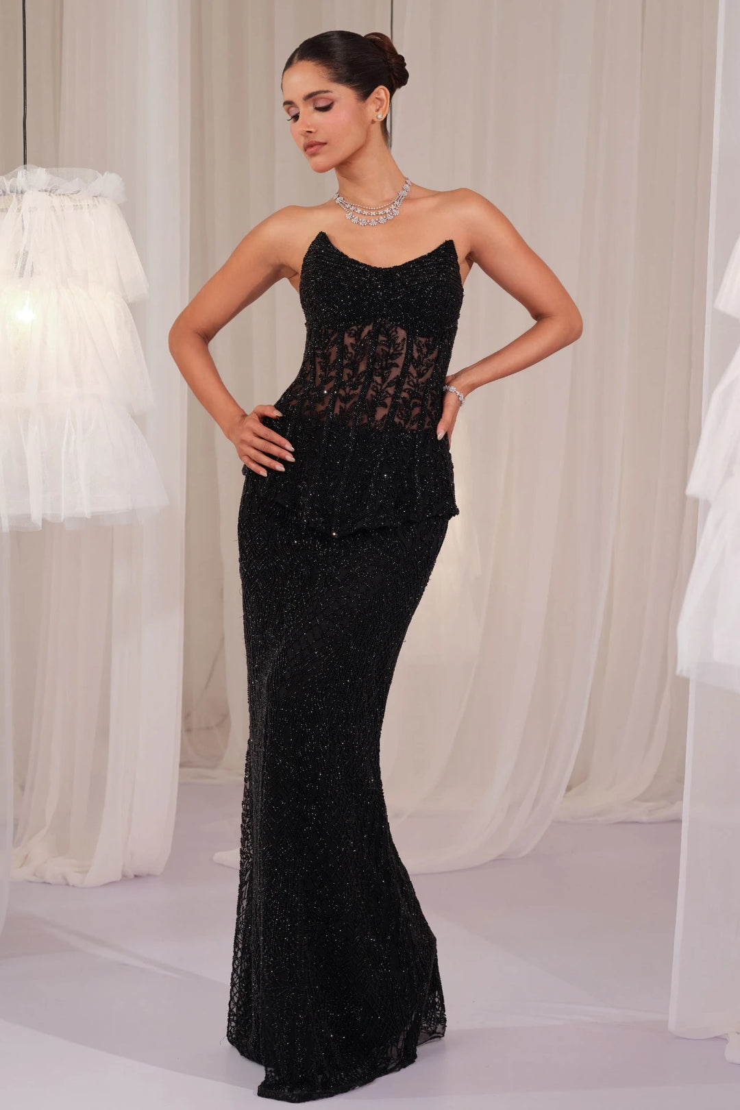 Black Embellished Corset With Pencil Skirt
