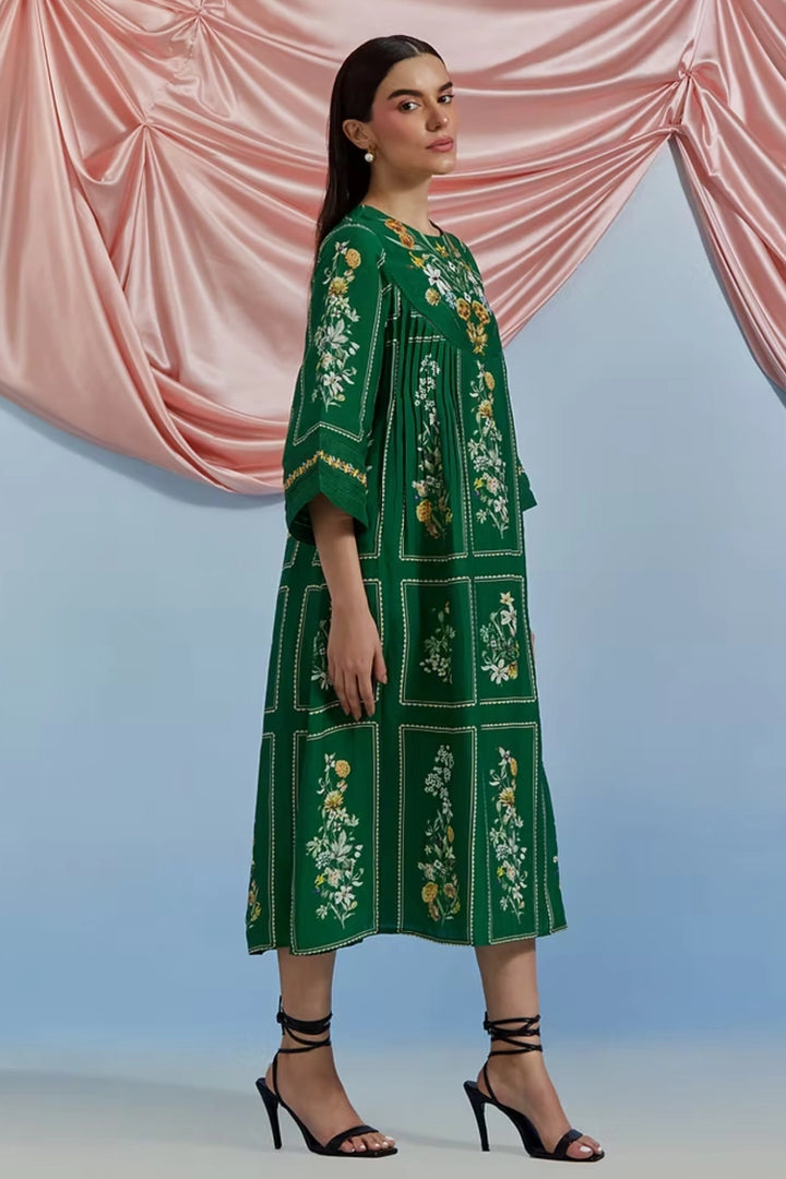 Bouquet Pleated Kurta - Forest Green