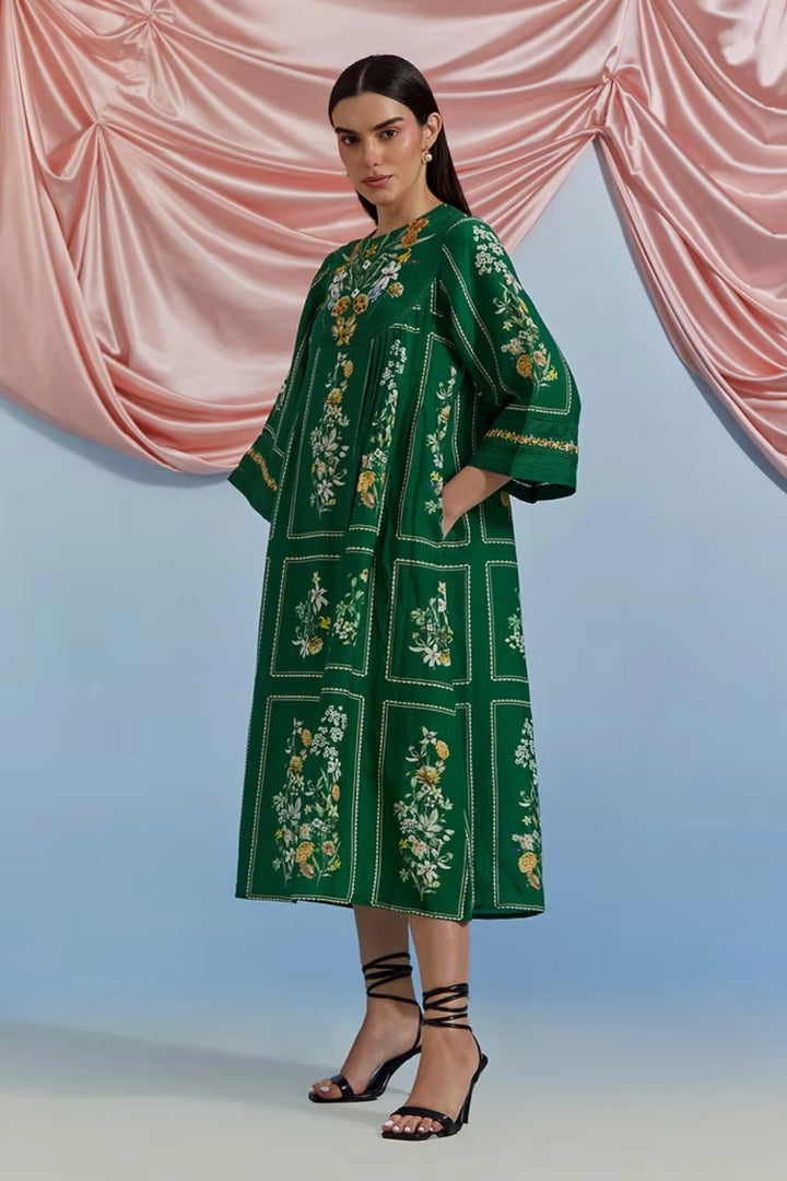 Bouquet Pleated Kurta - Forest Green
