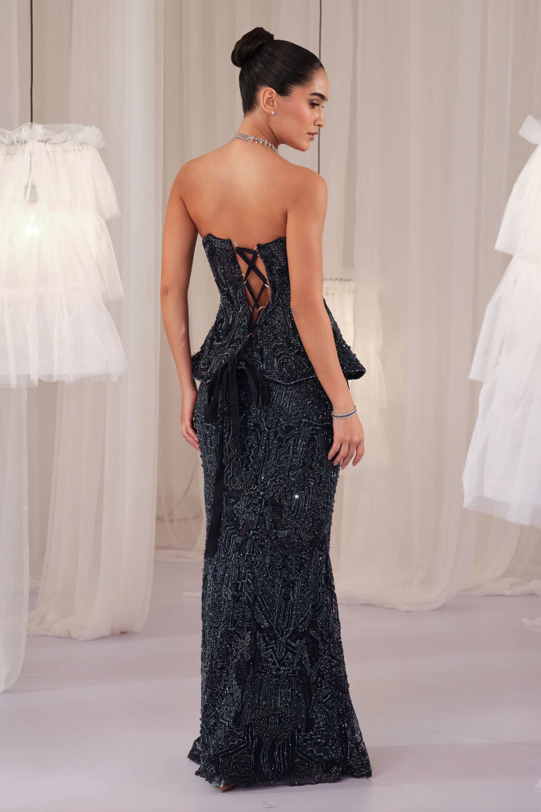 Midnight Blue Embellished Corset With Pencil Skirt