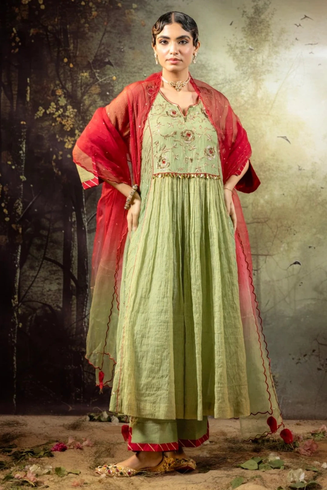 Elaichi Green Center Gathered A-line Kurta Set