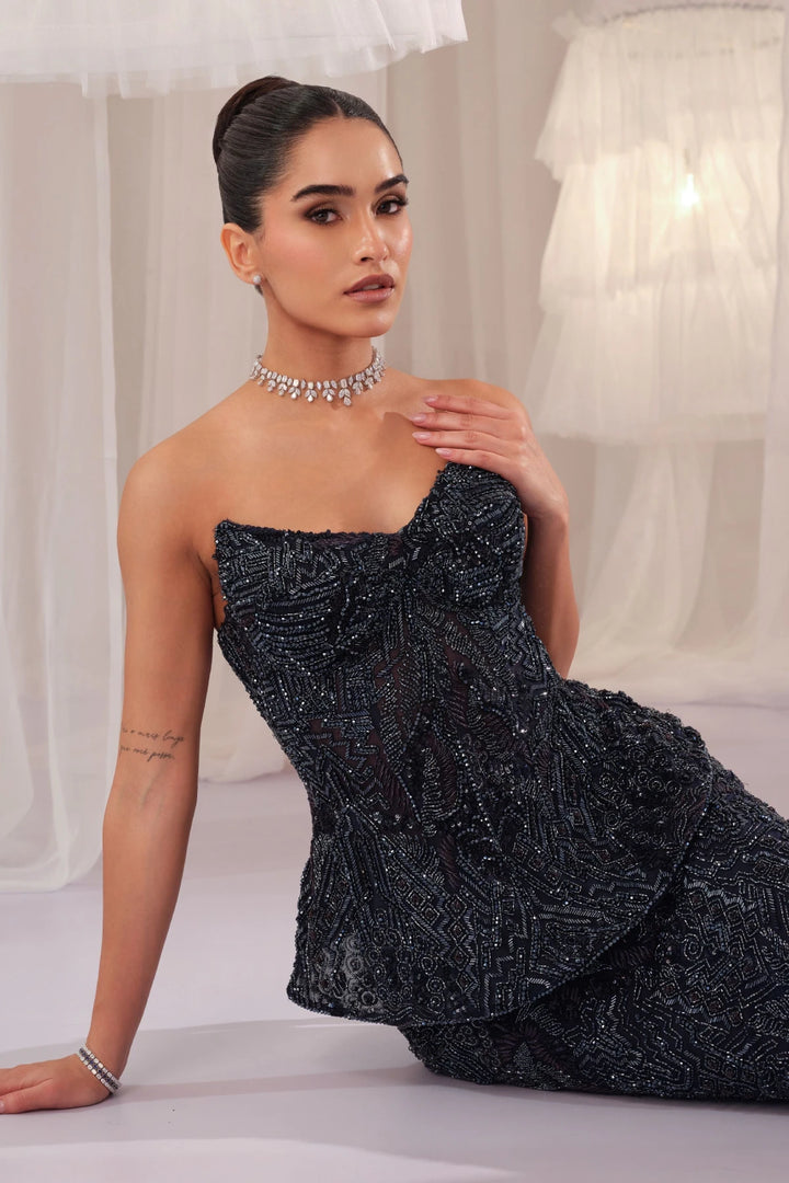 Midnight Blue Embellished Corset With Pencil Skirt