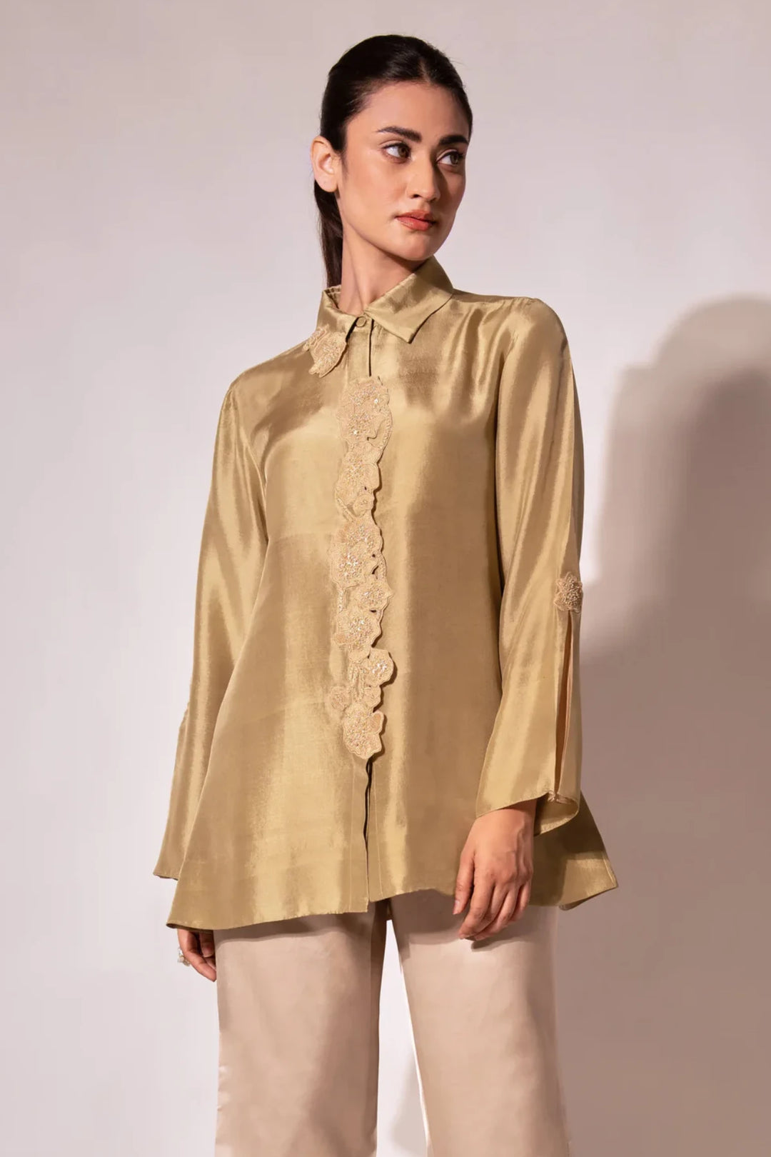 Green Front Placket Silk Shirt