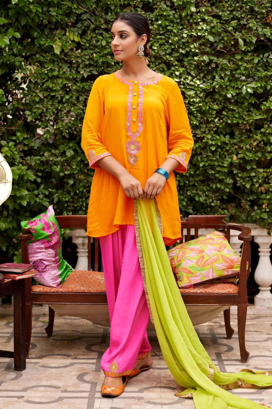 Orange and Hot pink kurta set