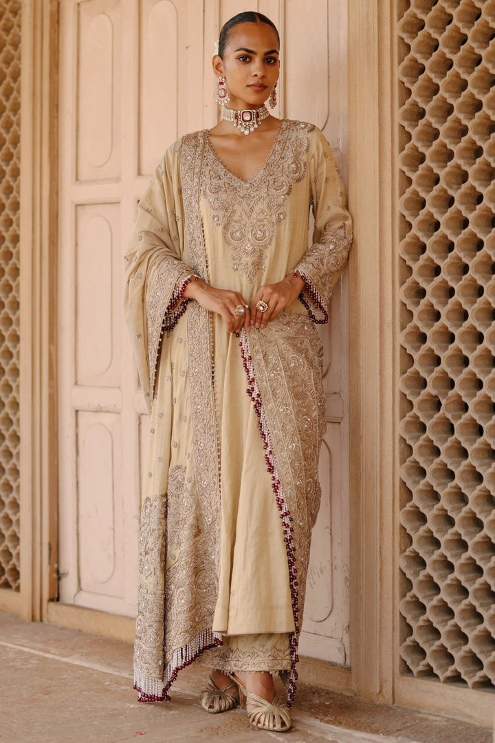 Rooh – Gold Tissue Long Kalidaar Anarkali Set with Palazzo & Dupatta