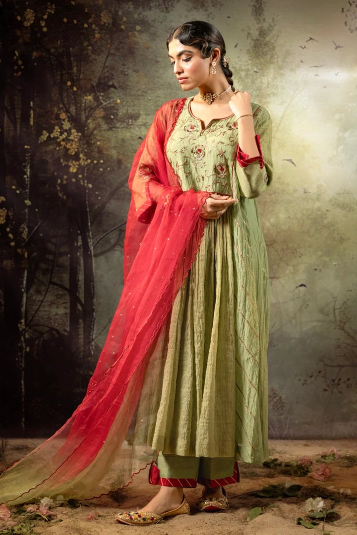 Elaichi Green Center Gathered A-line Kurta Set