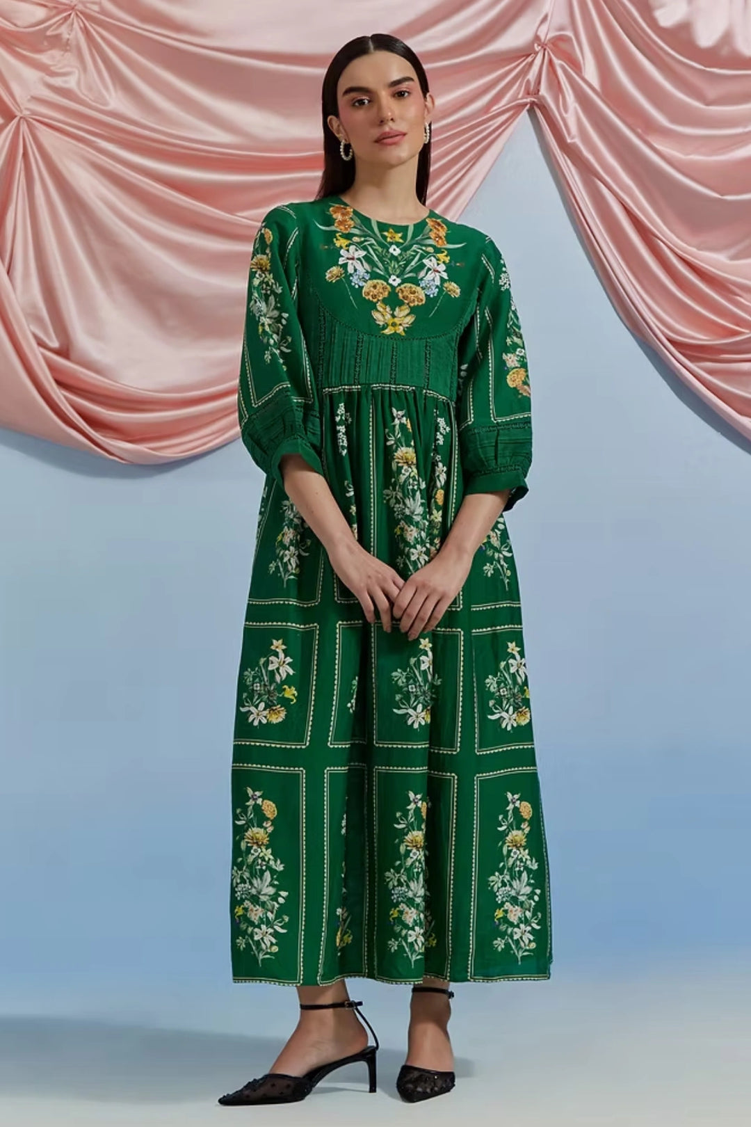 Bouquet Midi Dress - Forest Green