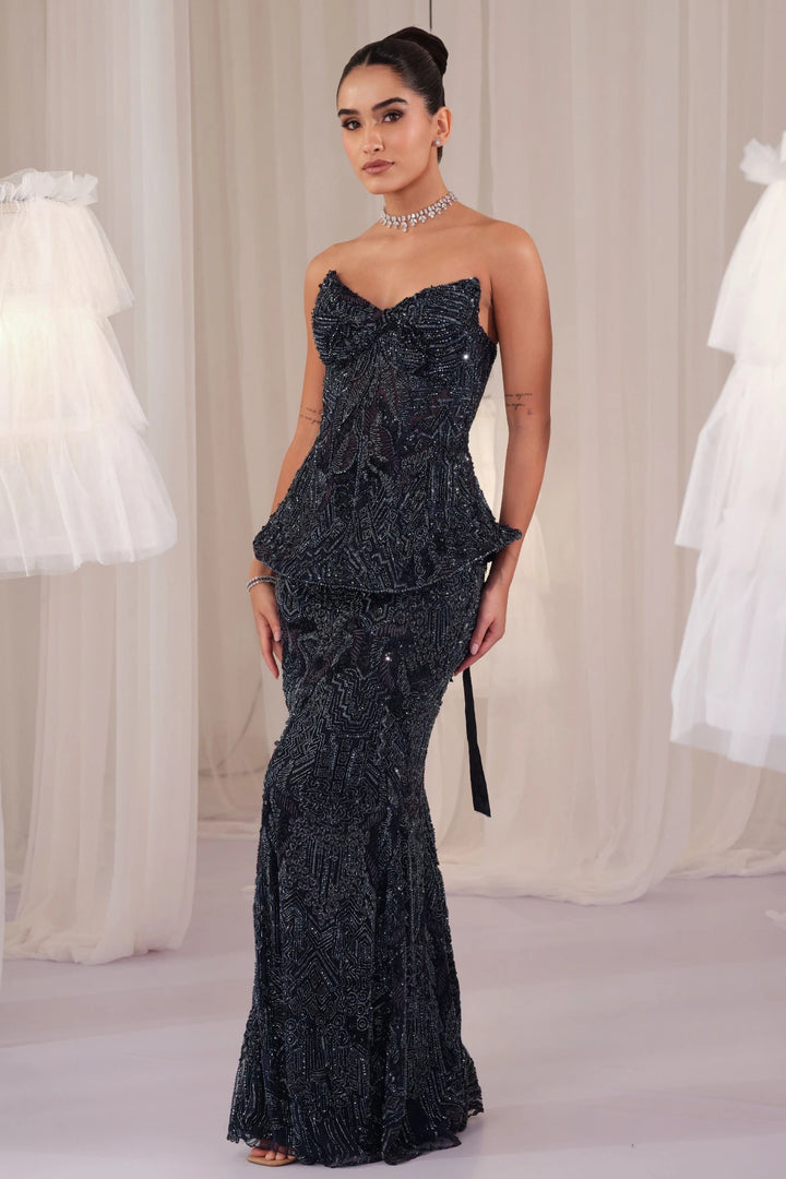 Midnight Blue Embellished Corset With Pencil Skirt