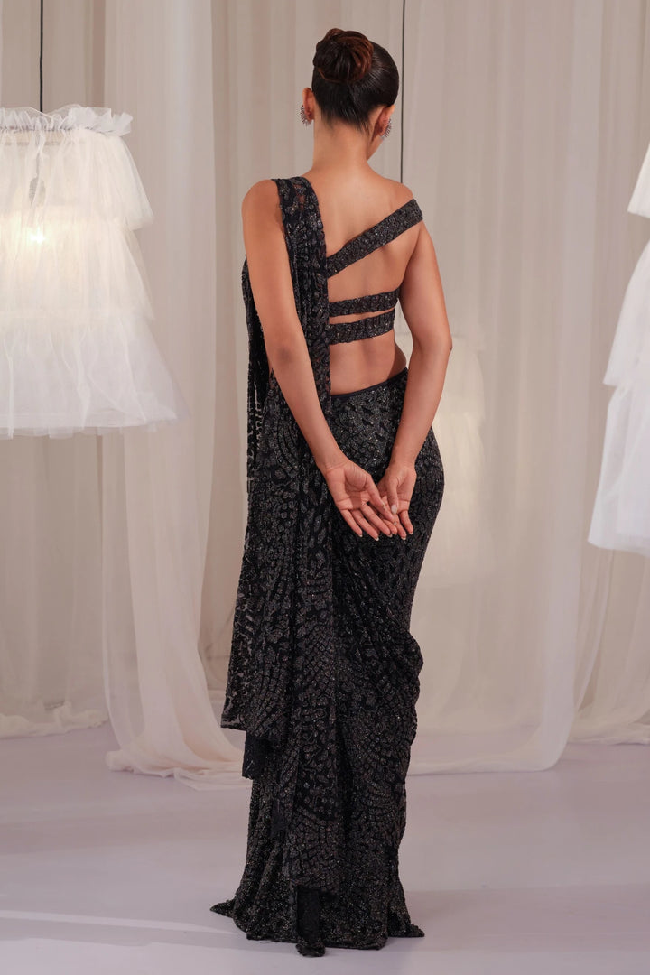 Navy Shimmery Draped Saree With Blouse