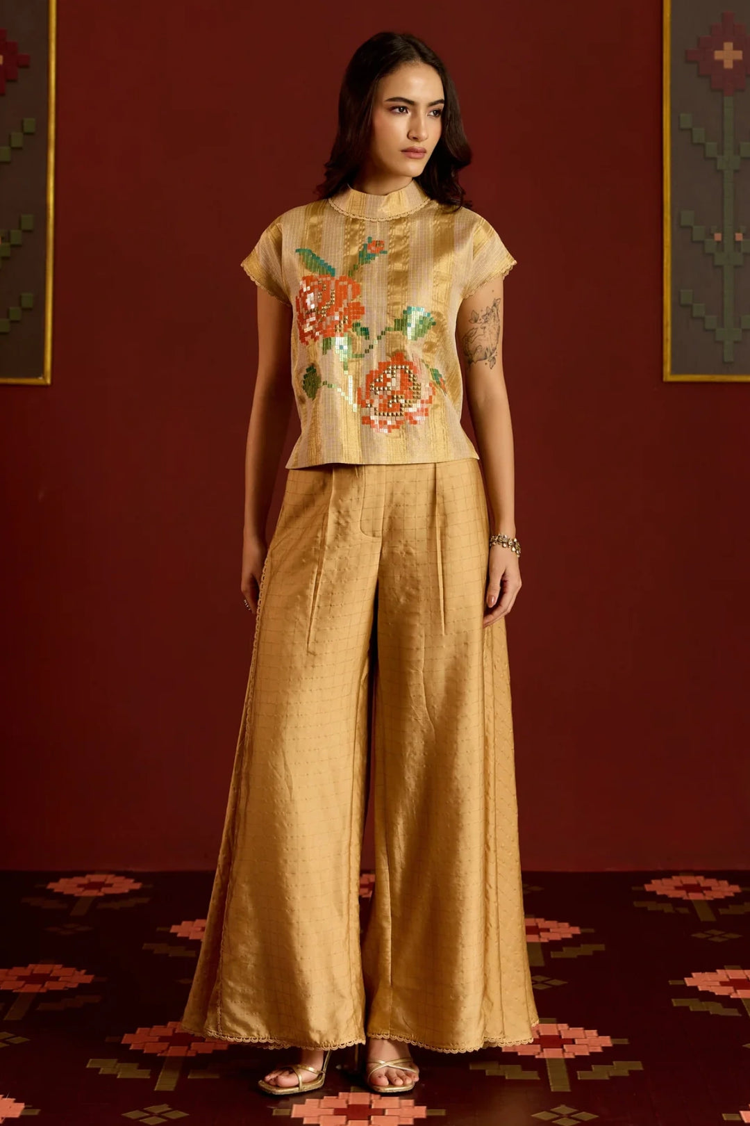 Gold Zari Kota Crop Top + Sharara