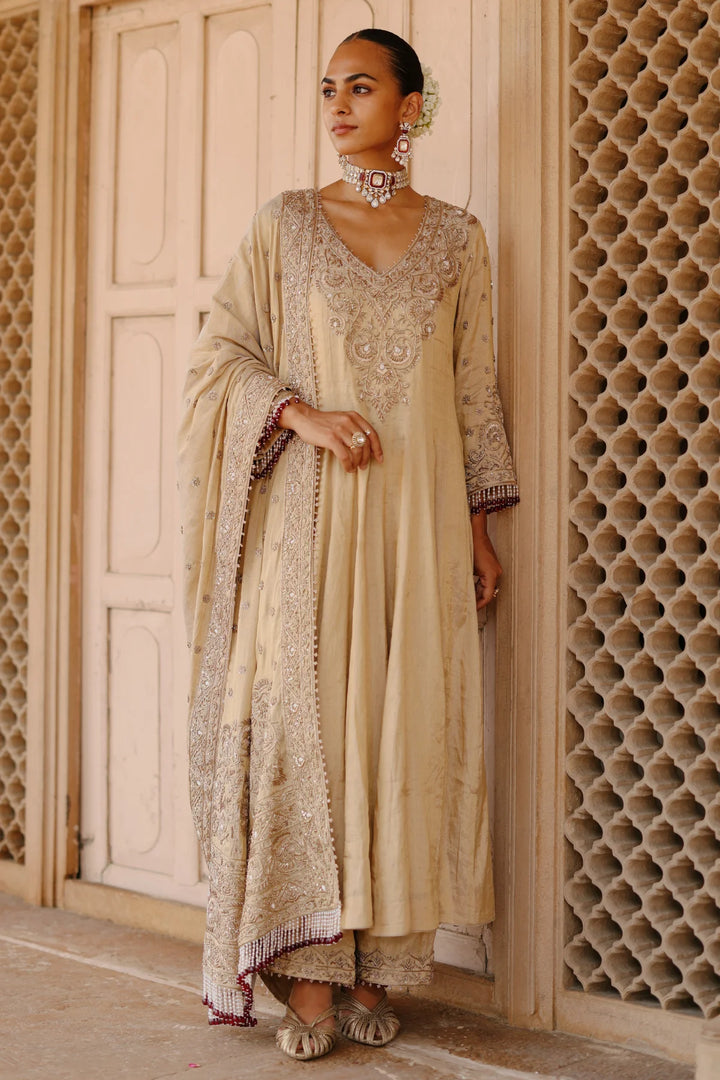 Rooh – Gold Tissue Long Kalidaar Anarkali Set with Palazzo & Dupatta