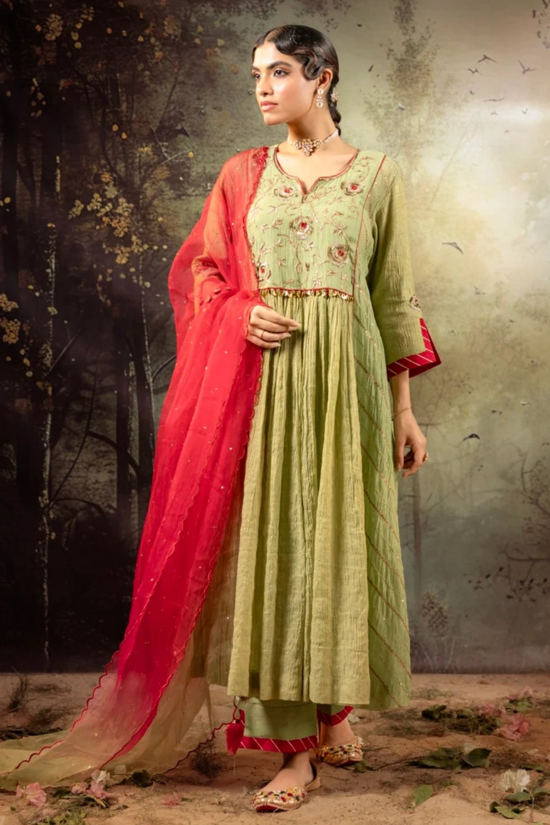 Elaichi Green Center Gathered A-line Kurta Set