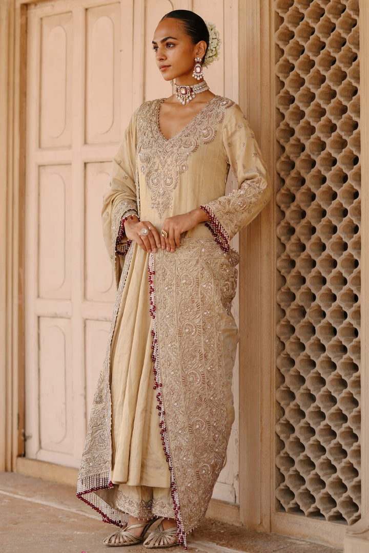 Rooh – Gold Tissue Long Kalidaar Anarkali Set with Palazzo & Dupatta